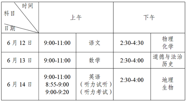 重庆中考考试时间